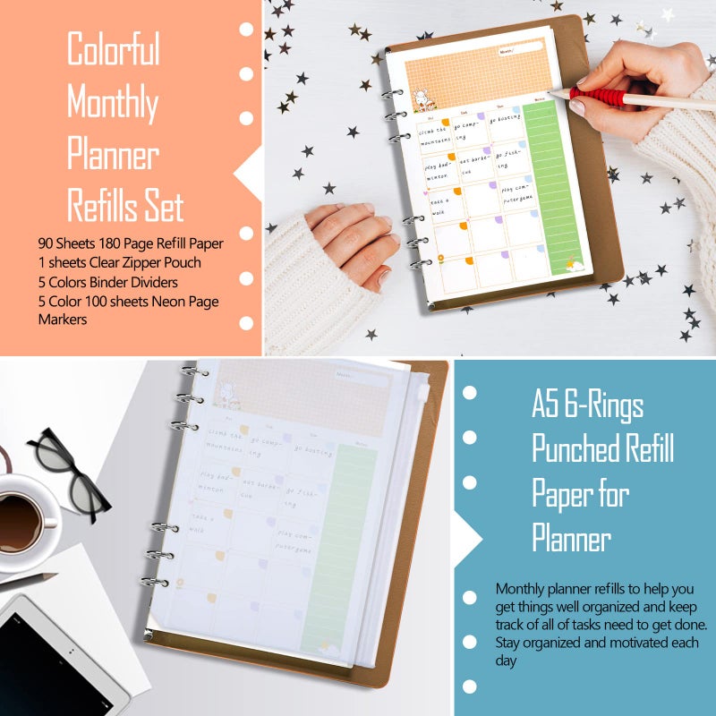 Rancco A5 Planner Inserts Monthly Planner Refills  90 Pages Colorful 6-Ring Loose-leaf Monthly Binder Paper w/Divider  PVC Pouch  Ruler  Index Tab for Journal  Filofax  Double-sided  Undated 8.3x5.6"" - Image 3